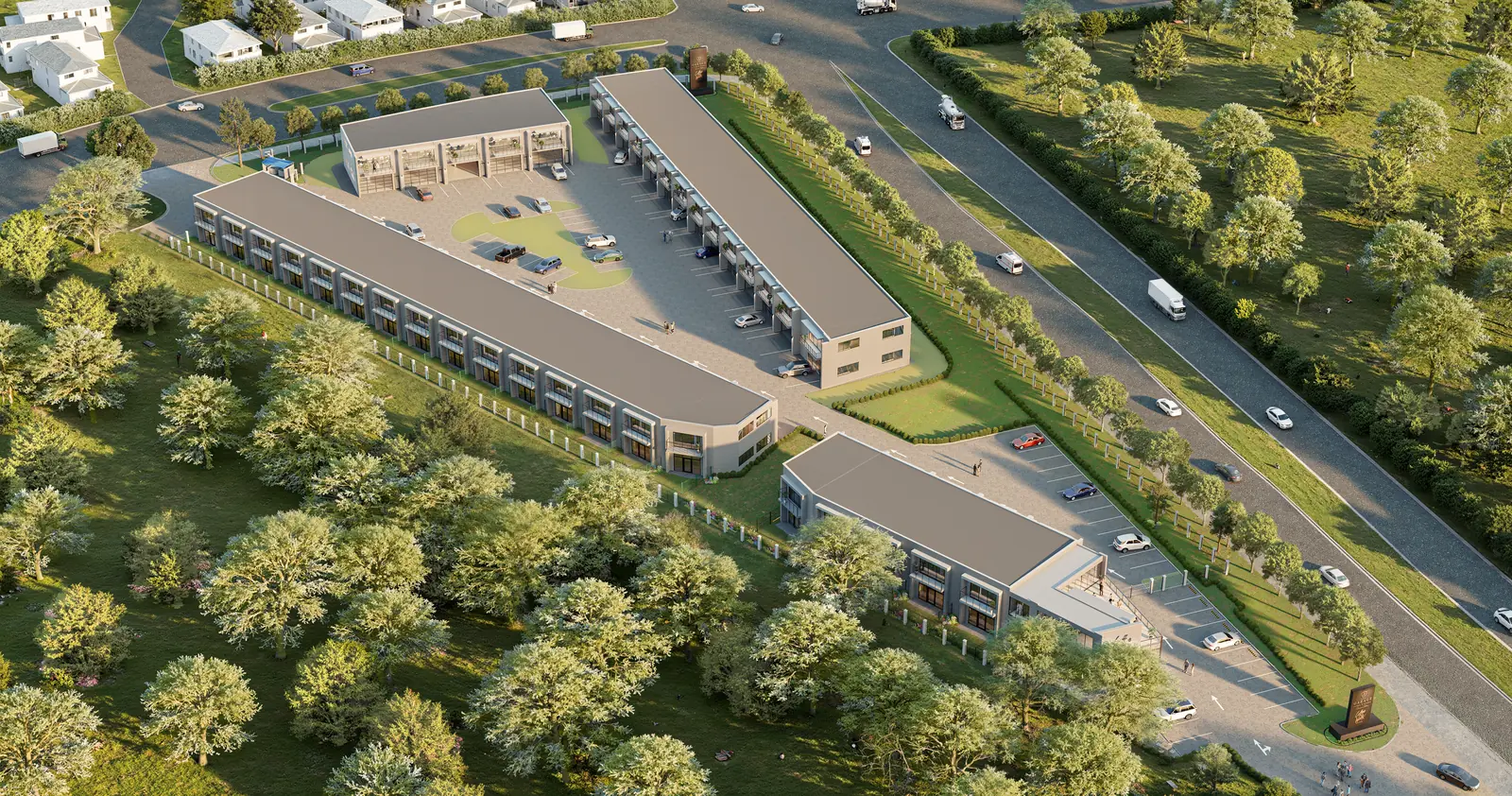 Aerial view of The Garage campus: four buildings arranged around a private motor court, with Coffee Walk and the monument entrance at the street.