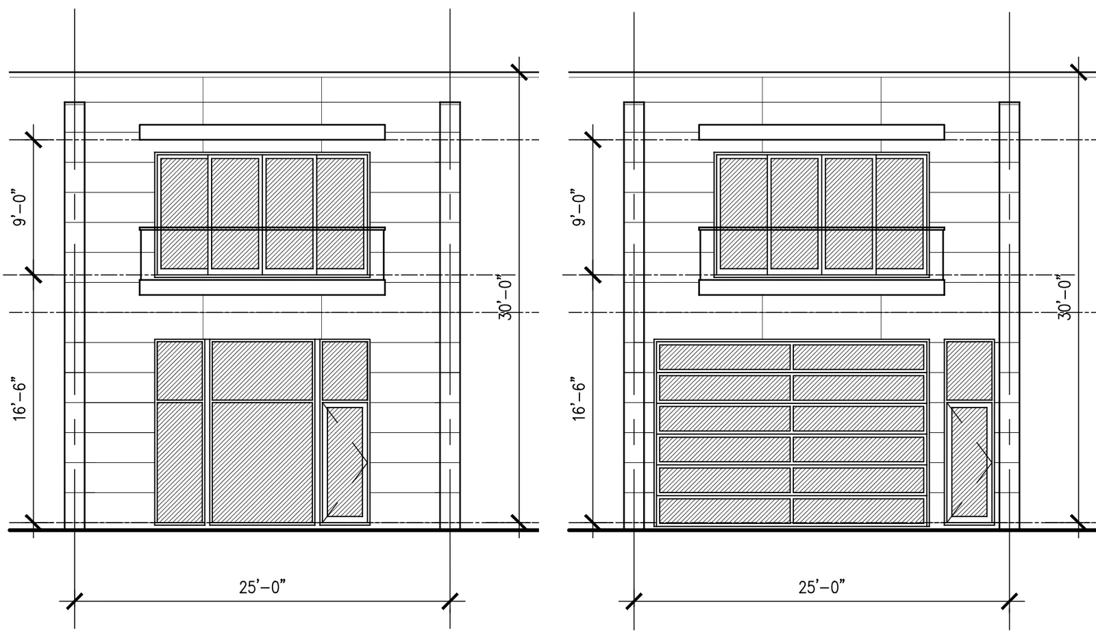 Two front elevation drawings of a residence, each 25 feet wide and 30 feet overall: 16 feet 6 inches at grade with a 9 foot upper level. One shows a full-height glazed front, the other a sectional glass overhead door.