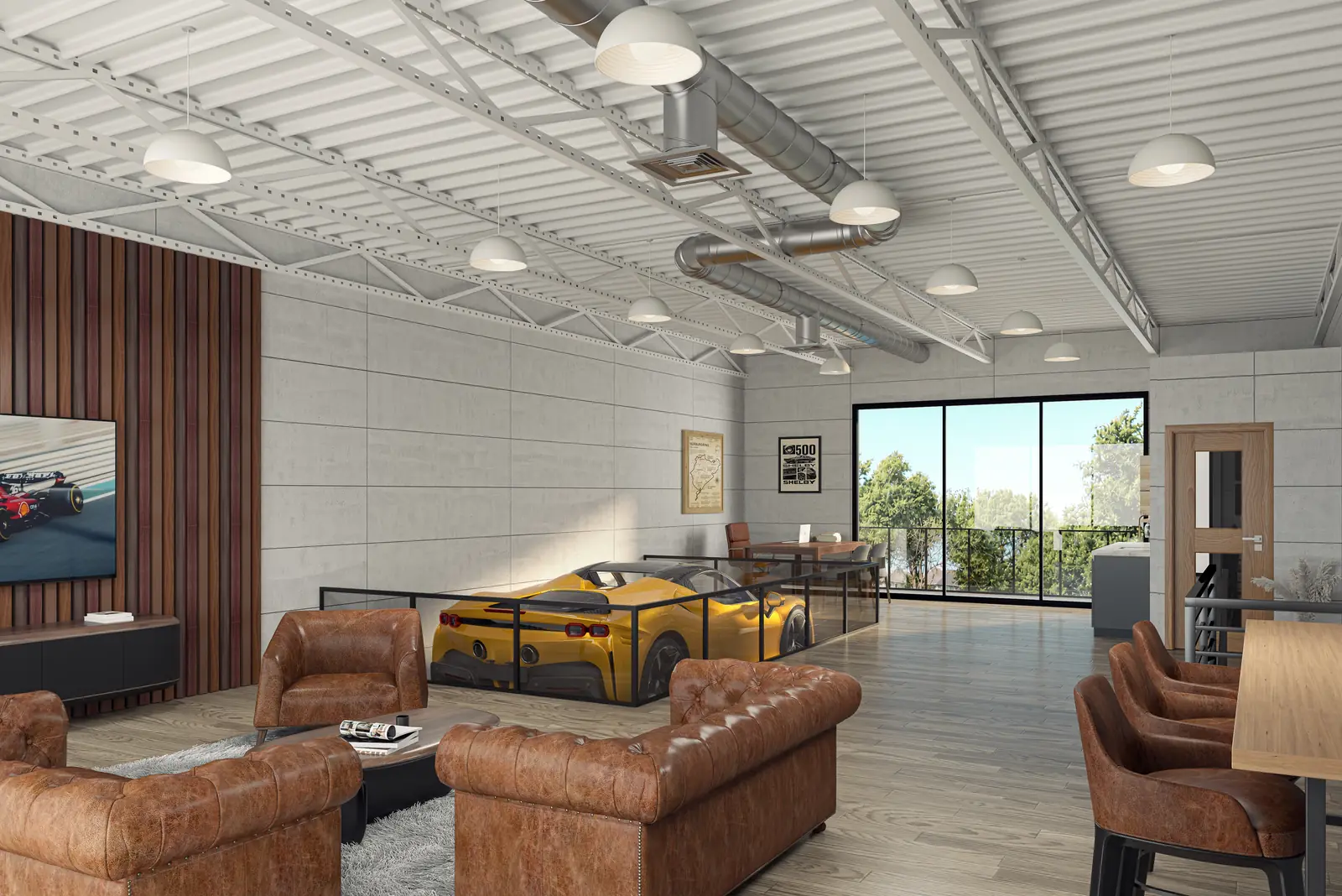The second floor of a residence: leather seating, a wet bar and a dining counter, with a car displayed behind glass at floor level.
